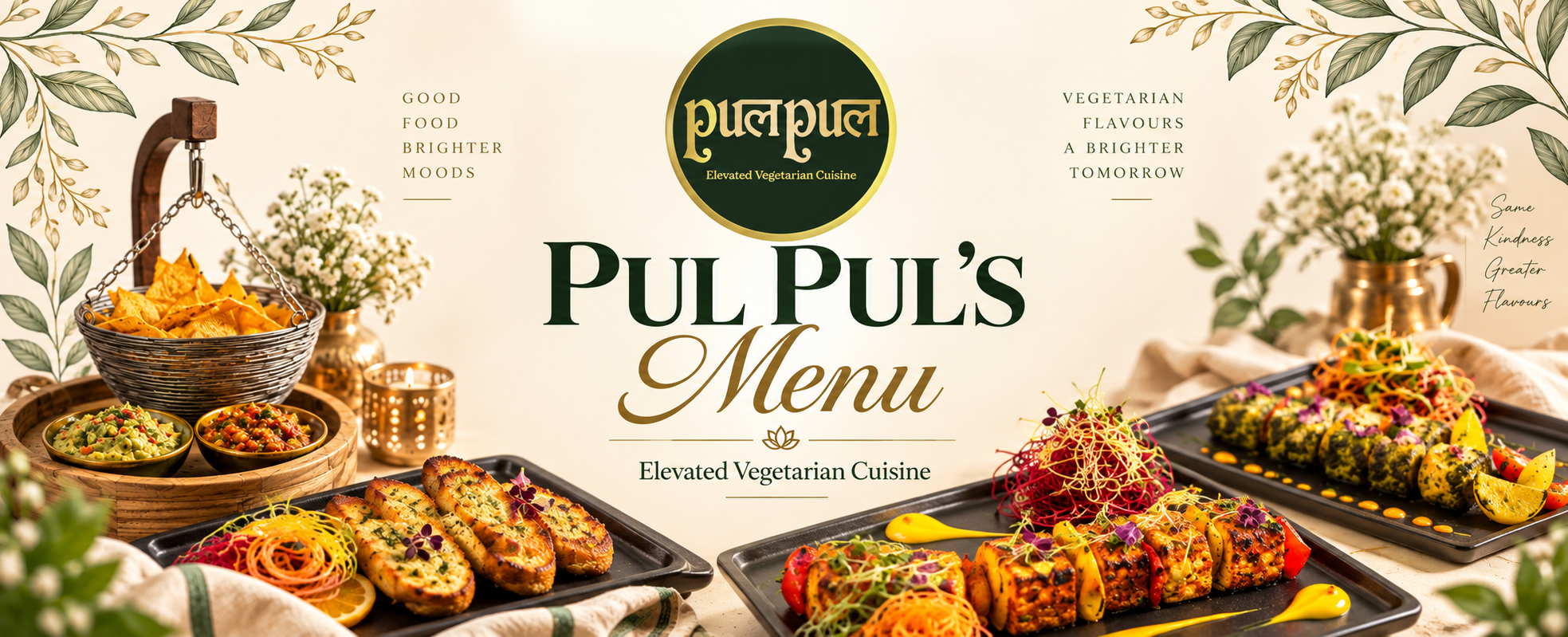 Pul Pul's Menu — elevated vegetarian cuisine banner with plated starters, kebabs and botanical accents