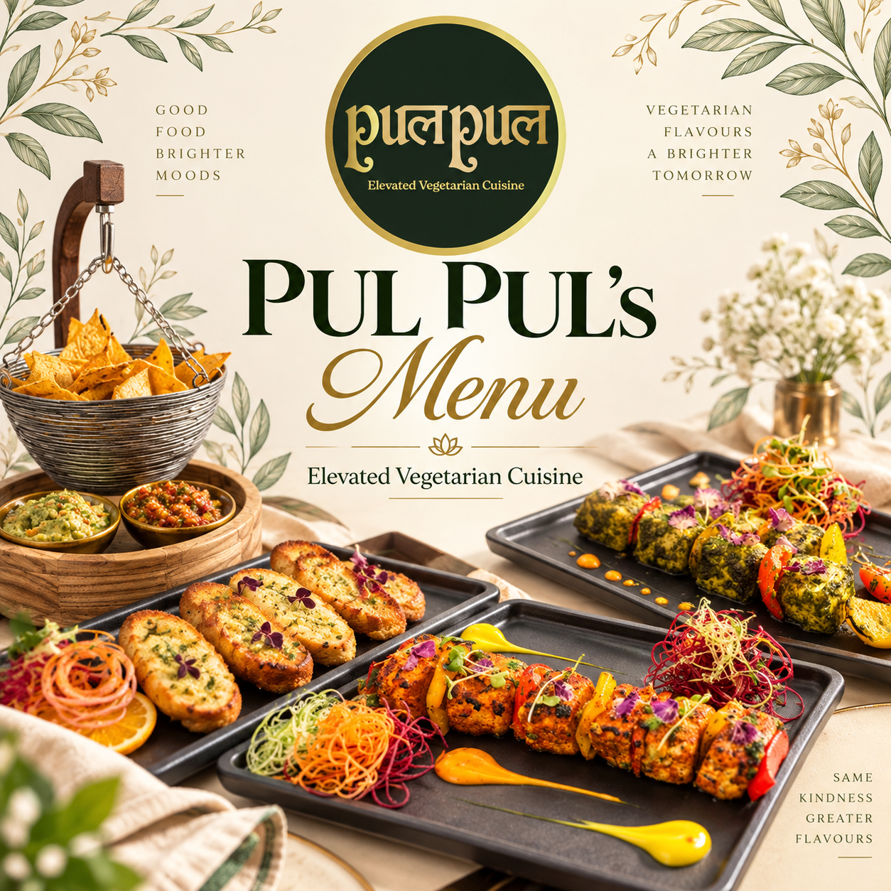 PUL PUL's Menu — elevated vegetarian cuisine, plated starters and grilled skewers on a cream botanical backdrop